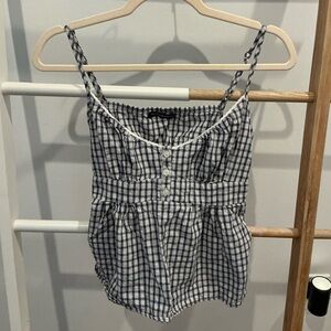 Brandy Melville Navy and White Plaid Button-Up Top